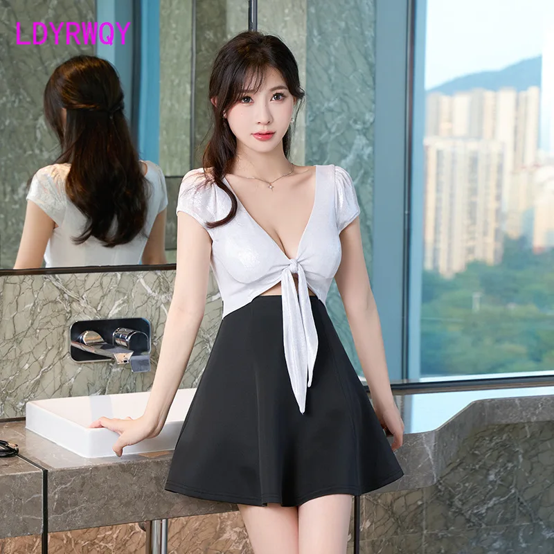 

2022 new deep V low cut sexy Mosaic color dress slim night show Office Lady Zippers