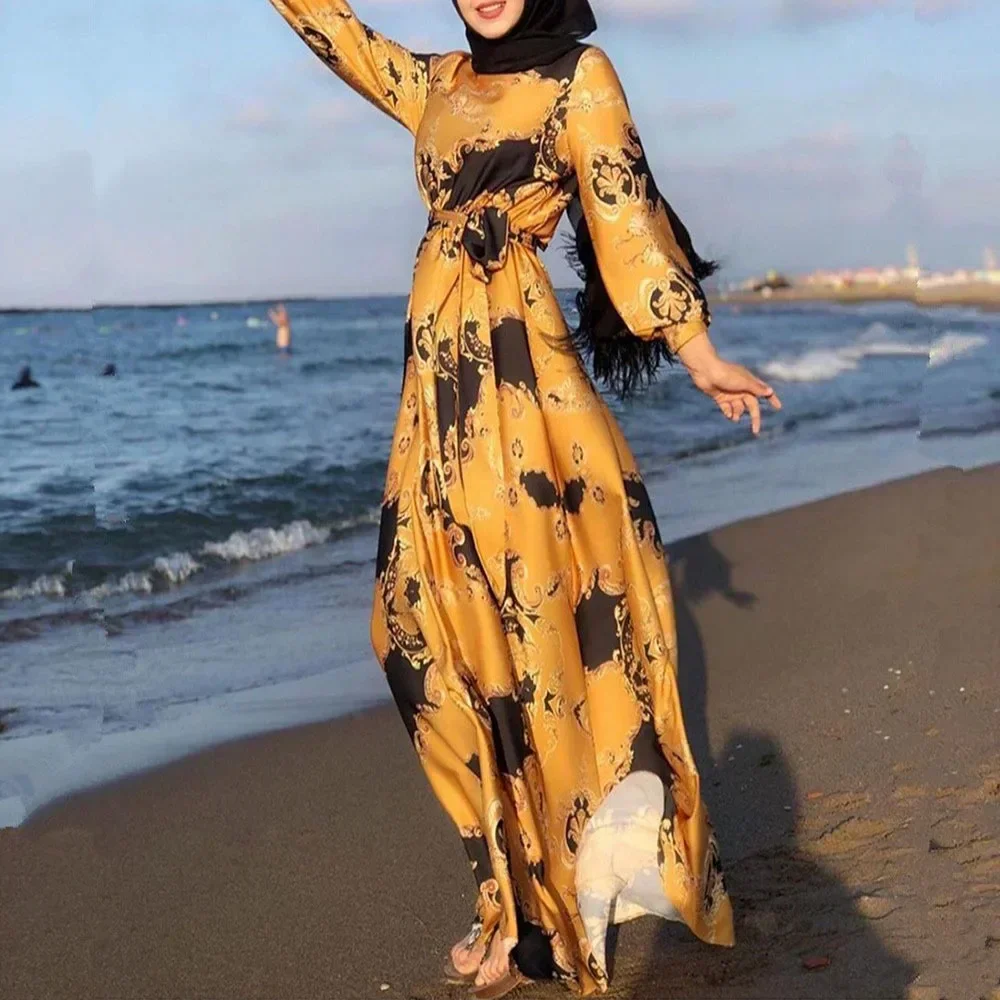 Women Muslim Abayas Dubai Turkey Islam Clothes Casual Middle Eastern Print Lace-up Muslim Dress Stylish Slim Dress Long Dress