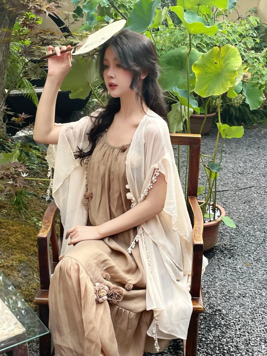 

Новая китайская блузка с бахромой и защитой от солнца, свободного кроя, асимметричного дизайна, с длинными рукавами, средней длины, цветная