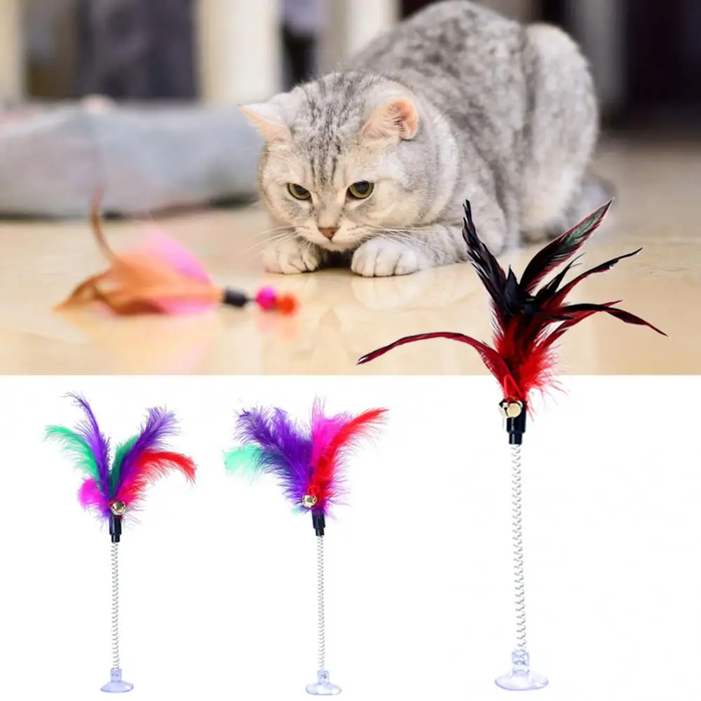 Funny Cat Toys Feather Cat Stick Pet Cat Feather Bell Spring Suction Cup Cats Toy with Bell Elastic Playing Interactive Toy