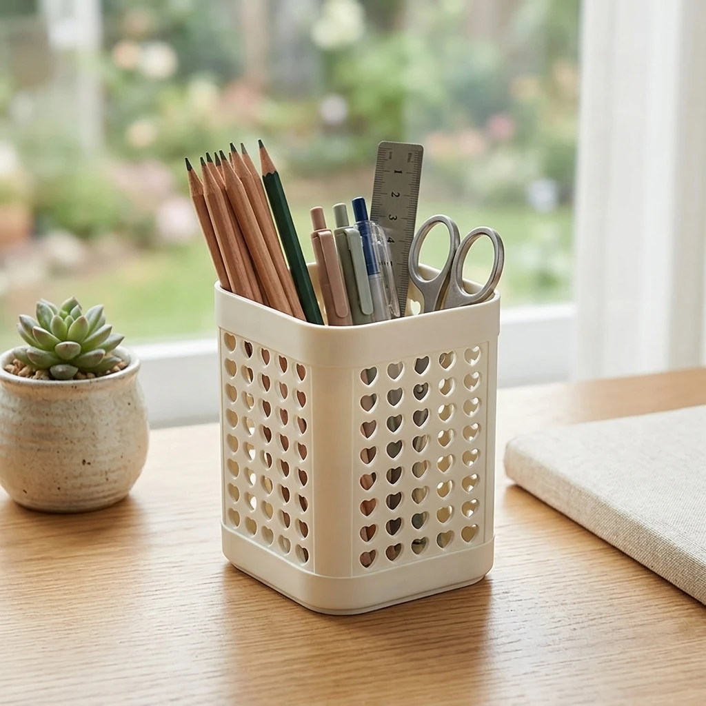 Minimalist Square Pen Holder Hollow Heart Designs Bathroom Makeup Brush Cosmetic Storage Box Plastic Stationery Organizer