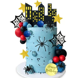 Spider Cake Topper with Black Red and Blue Balls Spiders Webs Stars City for Boys Men Birthday Party Baby Shower Supplies