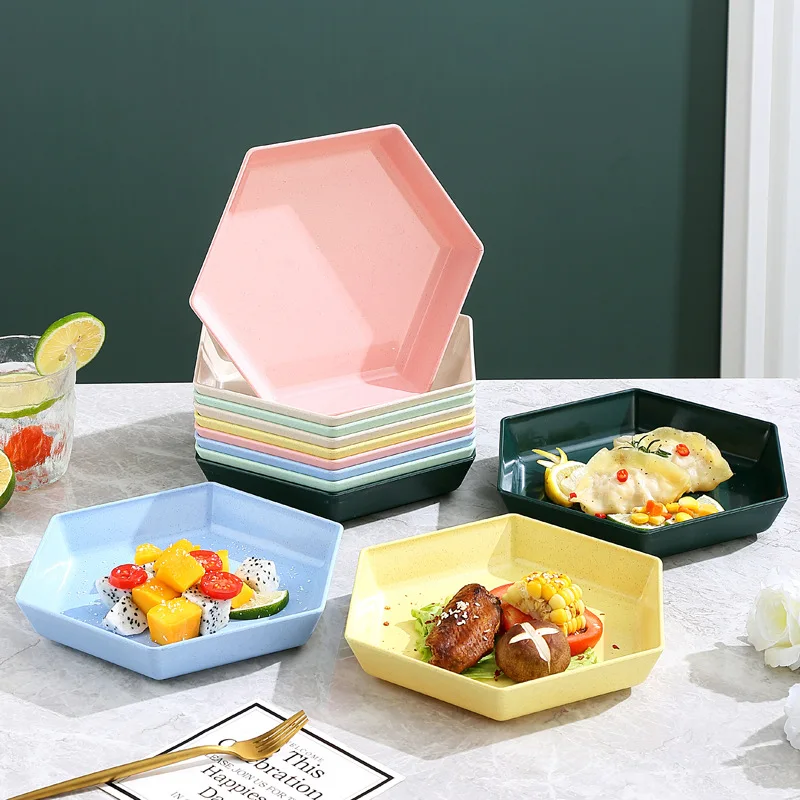 

6Pcs Fruit Plate Hexagon 22.5cm Home Party Dessert Snacks Foods Wheat Straw Thicken Tray Fruit Plate Supplies Fruit Plate