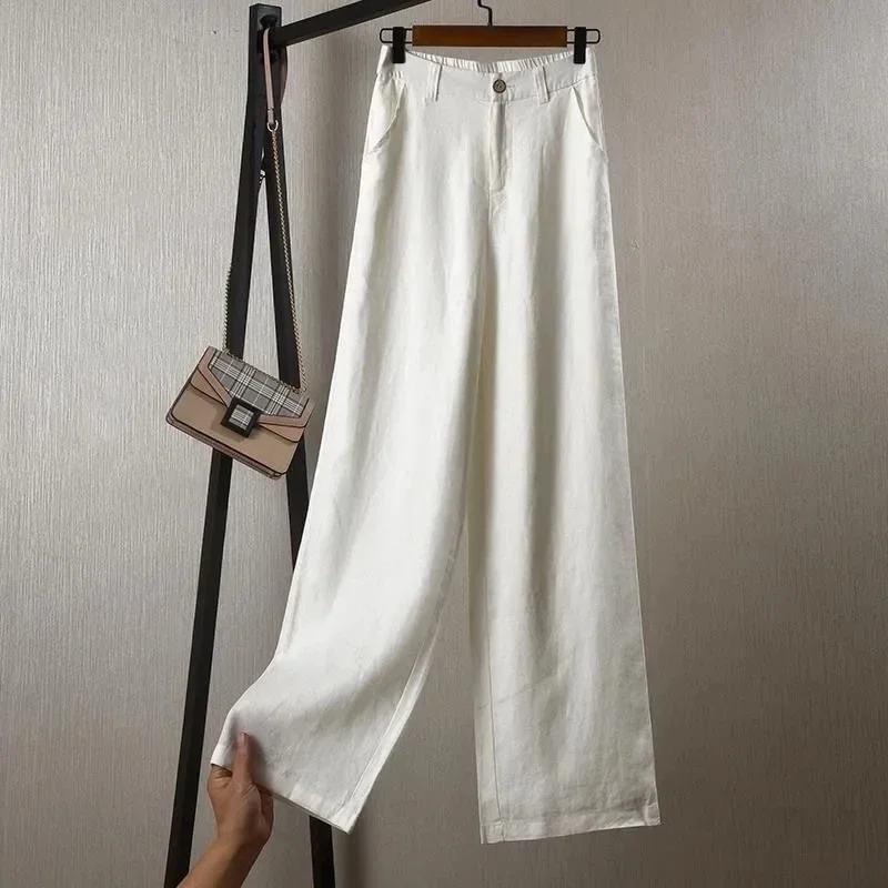 Fashion Cotton Linen Pants Women Elegant High Waist White Wide Leg Trouser Woman Casual Baggy Straight Streetwear Pants 2024