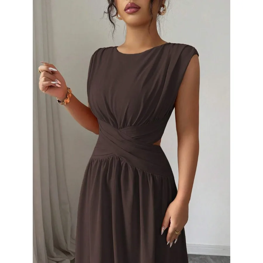 

【New Arrival】Brown Cutout Waist Midi Dress, Round Neck Sleeveless Ruched Flowy Casual Sundress for Women