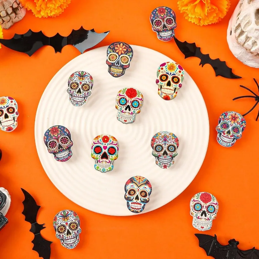 36 قطعة يوم الموتى الاكريليك بروش السكر الجمجمة تسمية دبابيس ضياء دي لوس Muertos زهرة الجمجمة عطلة بروش دبابيس للملابس با