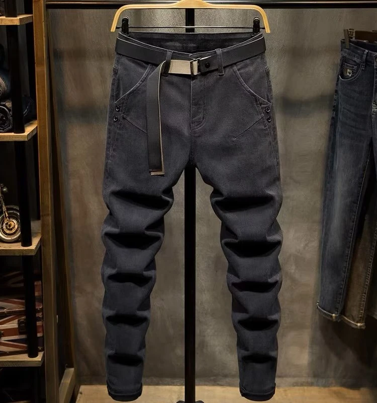 

Мужские джинсы Slim Fit, новинка 2023, молодежные длинные брюки с эластичной боковой талией и водой, износостойкие прямые брюки Bla ey