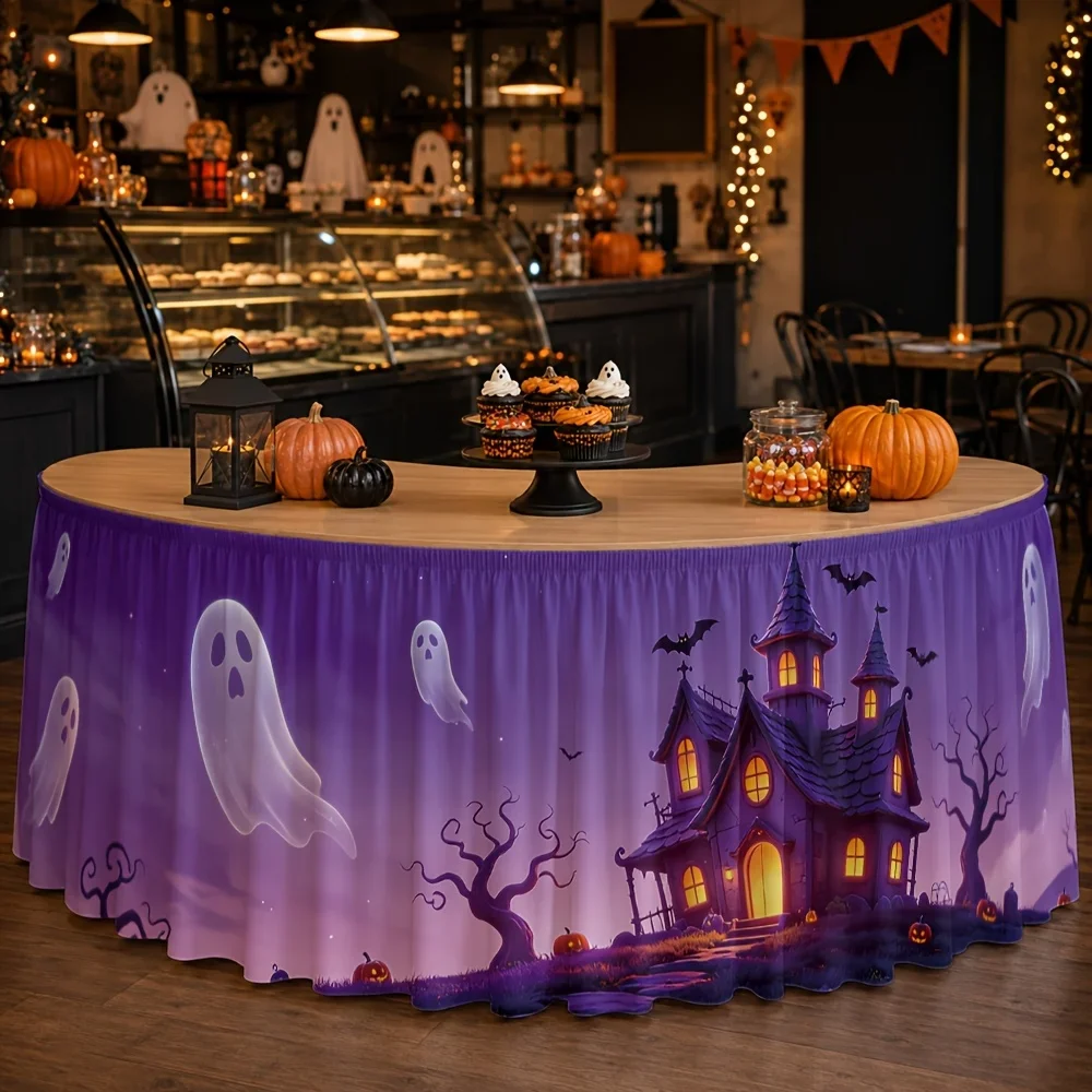Halloween table skirt, Haunted House, Ghost, Purple Twilight, Thrilling Mansion, No Trees, Bats, Haha, Lantern, 1 piecexzj