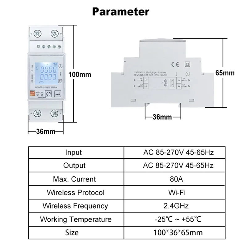 A22I Tuya WiFi 양방향 에너지 미터 단상 80A KWh 전력 모니터 전력계 전압계 전류계 110 240VAC