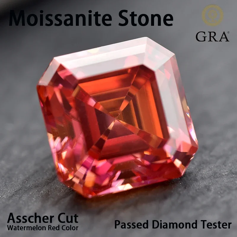 Moissanite Stone Asscher Cut Watermelon Red Color VVS1 DIY Ring Necklace Main Materials Passed Diamond Tester Certificate