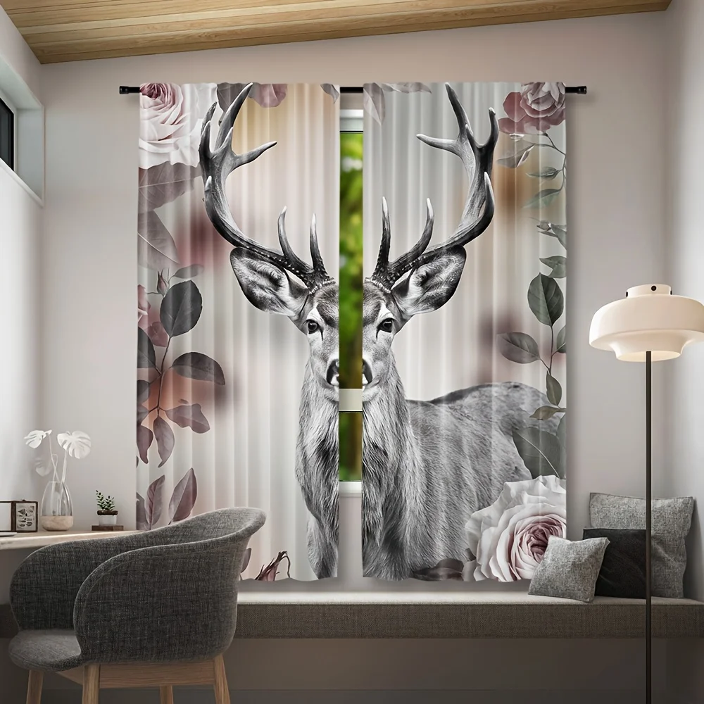 Gentle Deer Rose Blackout Rod Pocket Curtain Vintage Grey Stag Pink Floral Decor Cottage Homestay Leisure Rest Bay Window