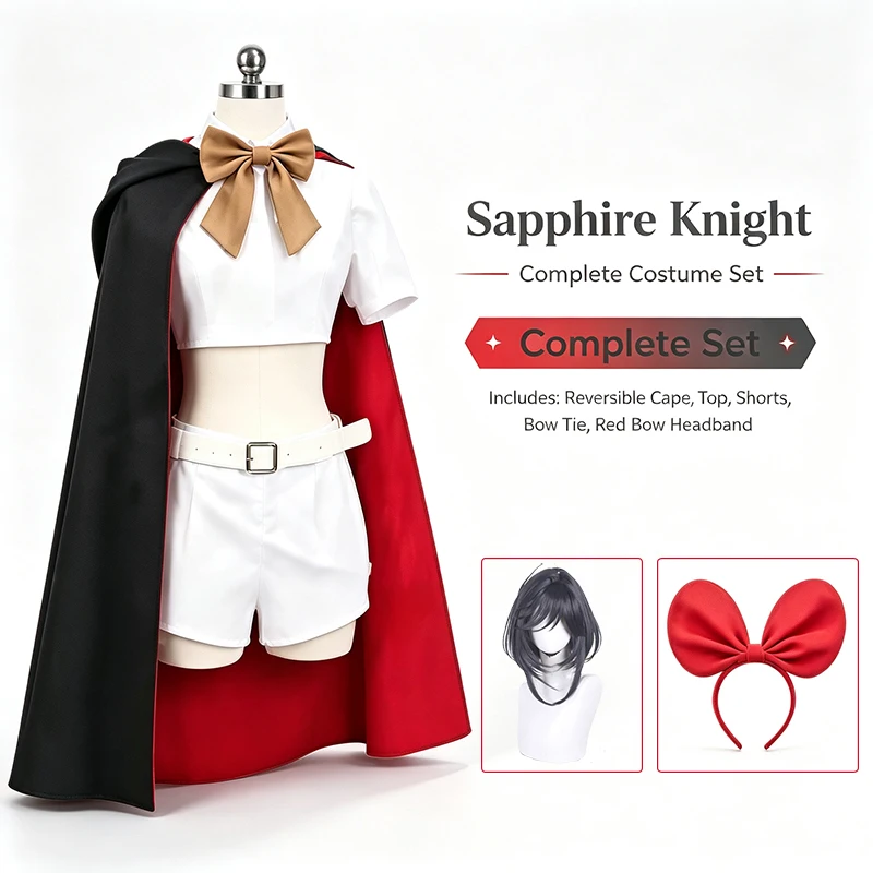 The Ribbon Hero Sapphire Knight Cosplay Full Set for Women Black Red Cape Crop Top Shorts Bow Tie Red Bow Headband Wig Comic Con
