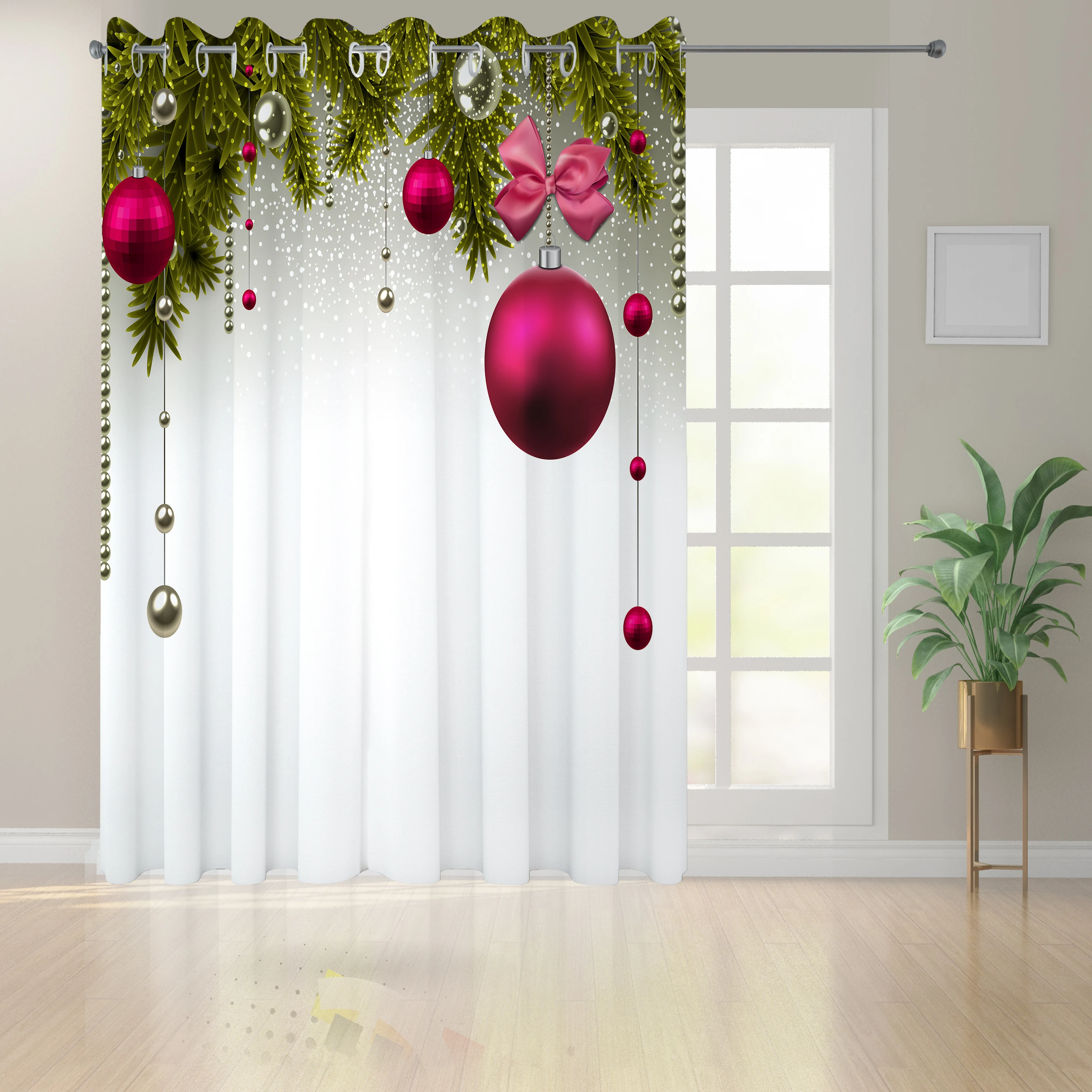 Magenta Olive Green Grey Christmas Curtains Vivid Fir Twigs and Magenta Balls Framework Special Day Preparation Window Curtain