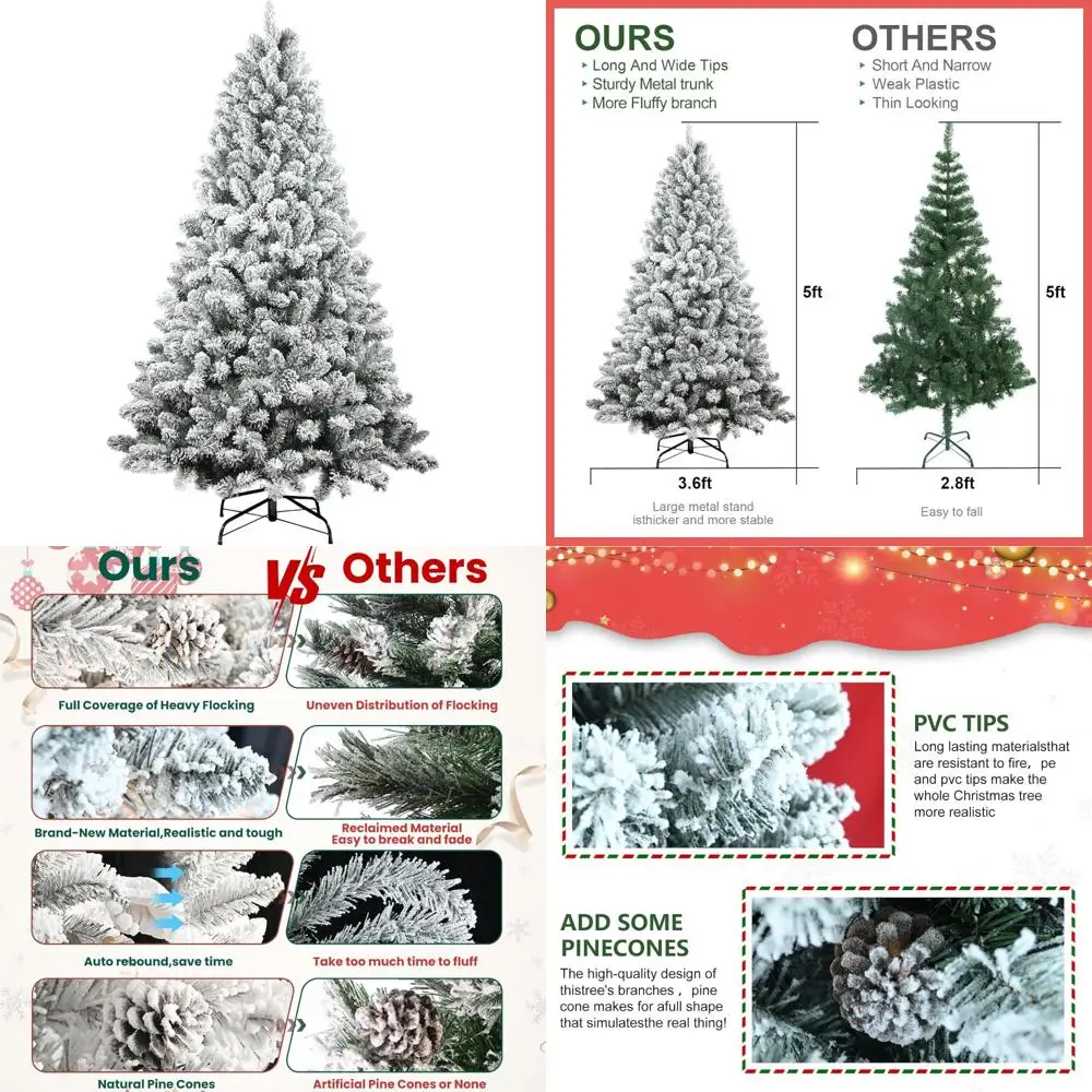 

Миниатюрная снежная рождественская елка длиной 5 футов с неподсветкой, сосновыми шишками и 600 наконечниками для праздничного сезона