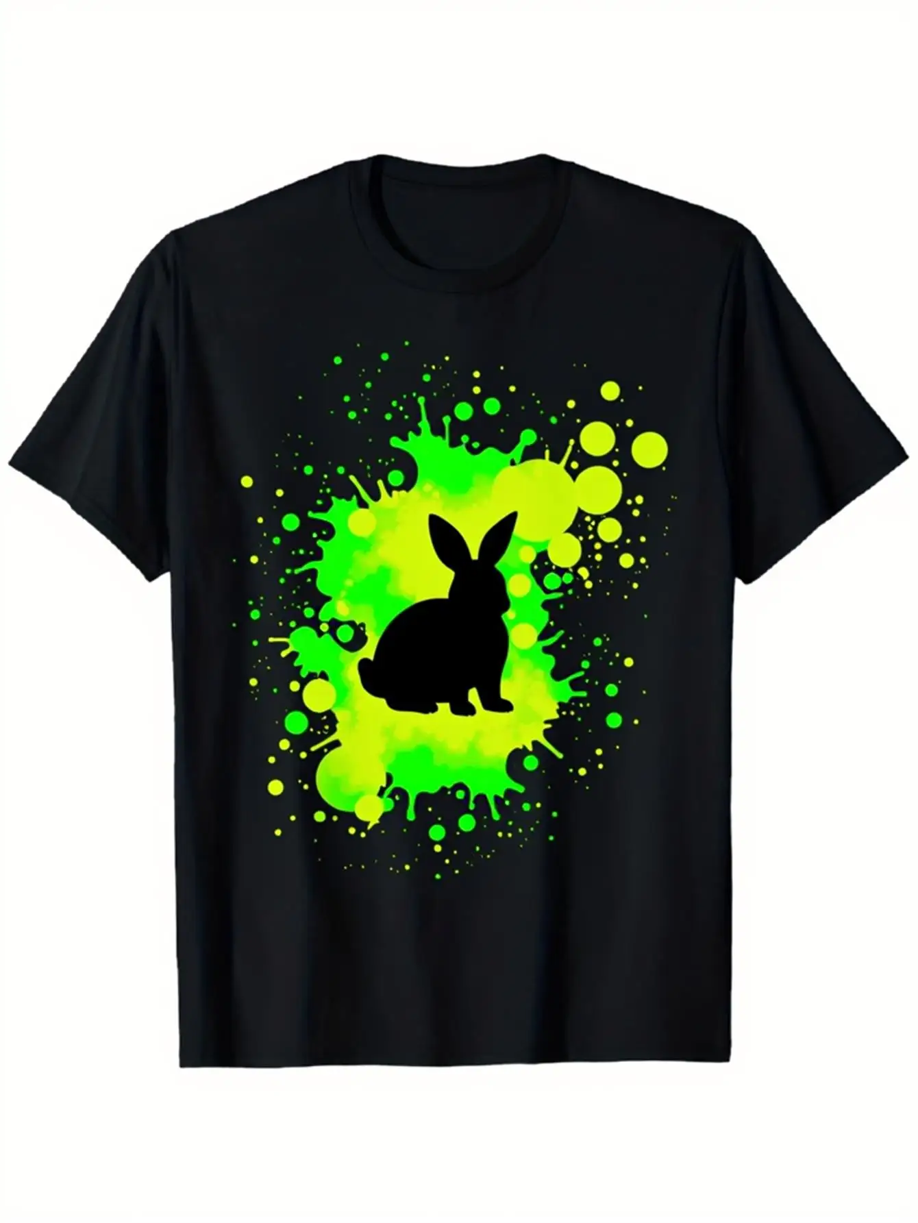 Trendy Men's Black Graphic T-Shirt Bunny Rabbit Silhouette Neon Green Paint Splash Bubble Speckle Abstract Graphic 100% Cotton Heavyweight Short Sleeve Casual Streetwear Tee