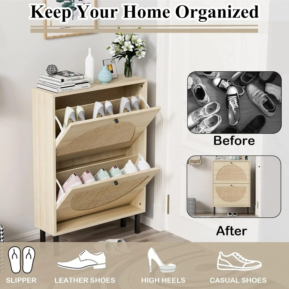 زوج من خزائن الأحذية الروطانية مع أدراج مزدوجة قابلة للطي، رف من طبقتين لتخزين أنيق للكعب والأحذية والأحذية والشباشب والمزيد