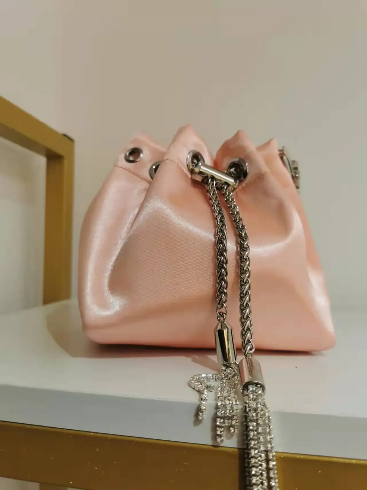 Bolso de seda de alta calidad para mujer, bolsa de cubo con diamantes, borlas de hombro, cadenas, bolso cruzado