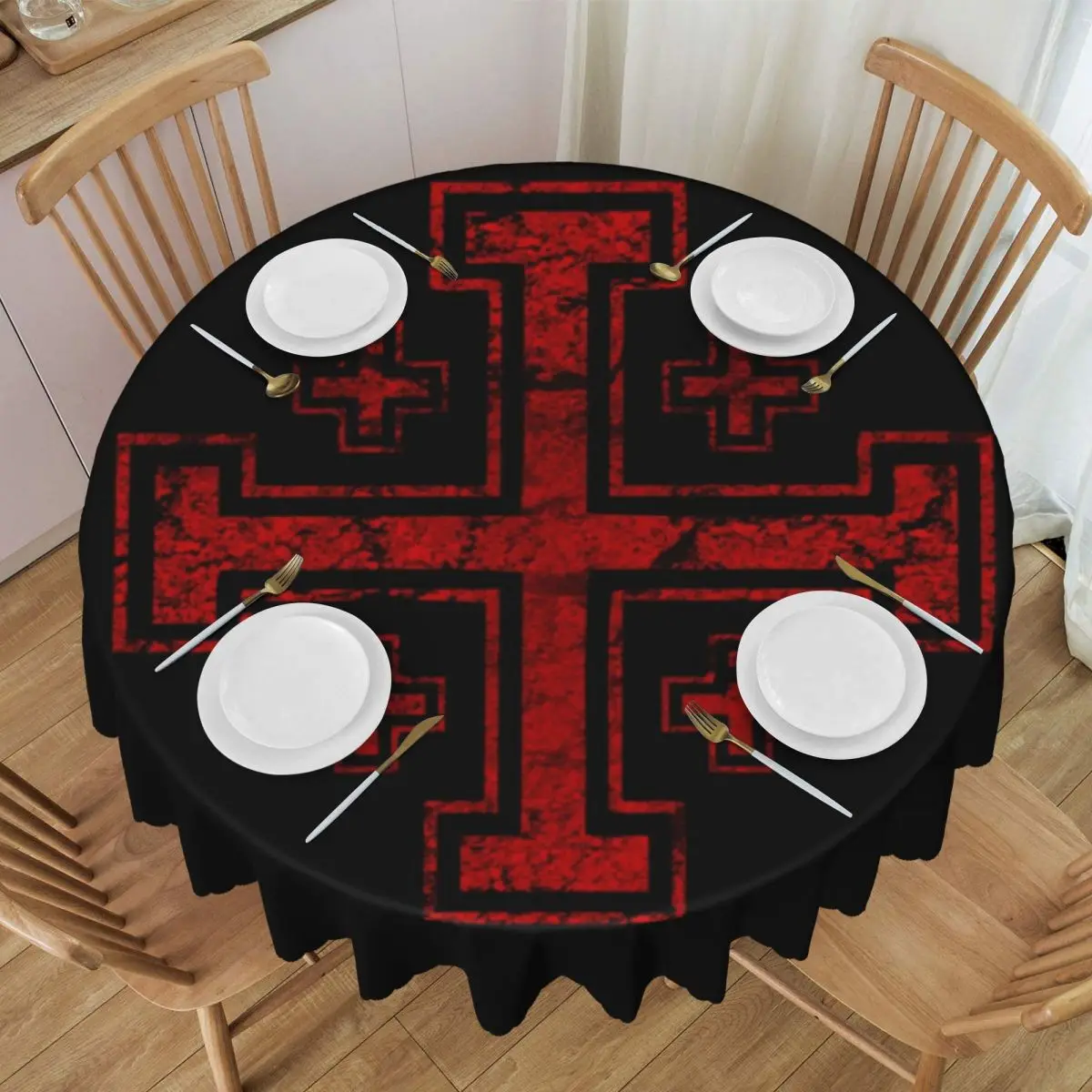 Templar Knight Medieval Warrior Symbol Tablecloth Round Oilproof Jerusalem Cross Seal Table Cover Cloth for Banquet 60 inch