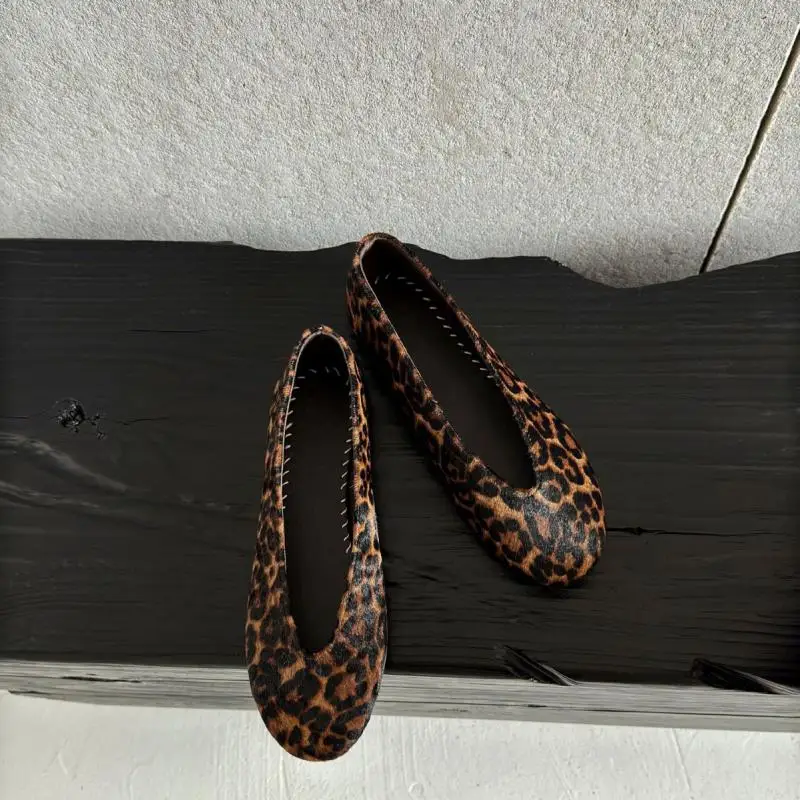 Maxdutti Minimal Women's Shoes Elegant And Comfortable Grandma's Shoes Women Leopard Leather Flat Shoes Ballet Shoes For Woman