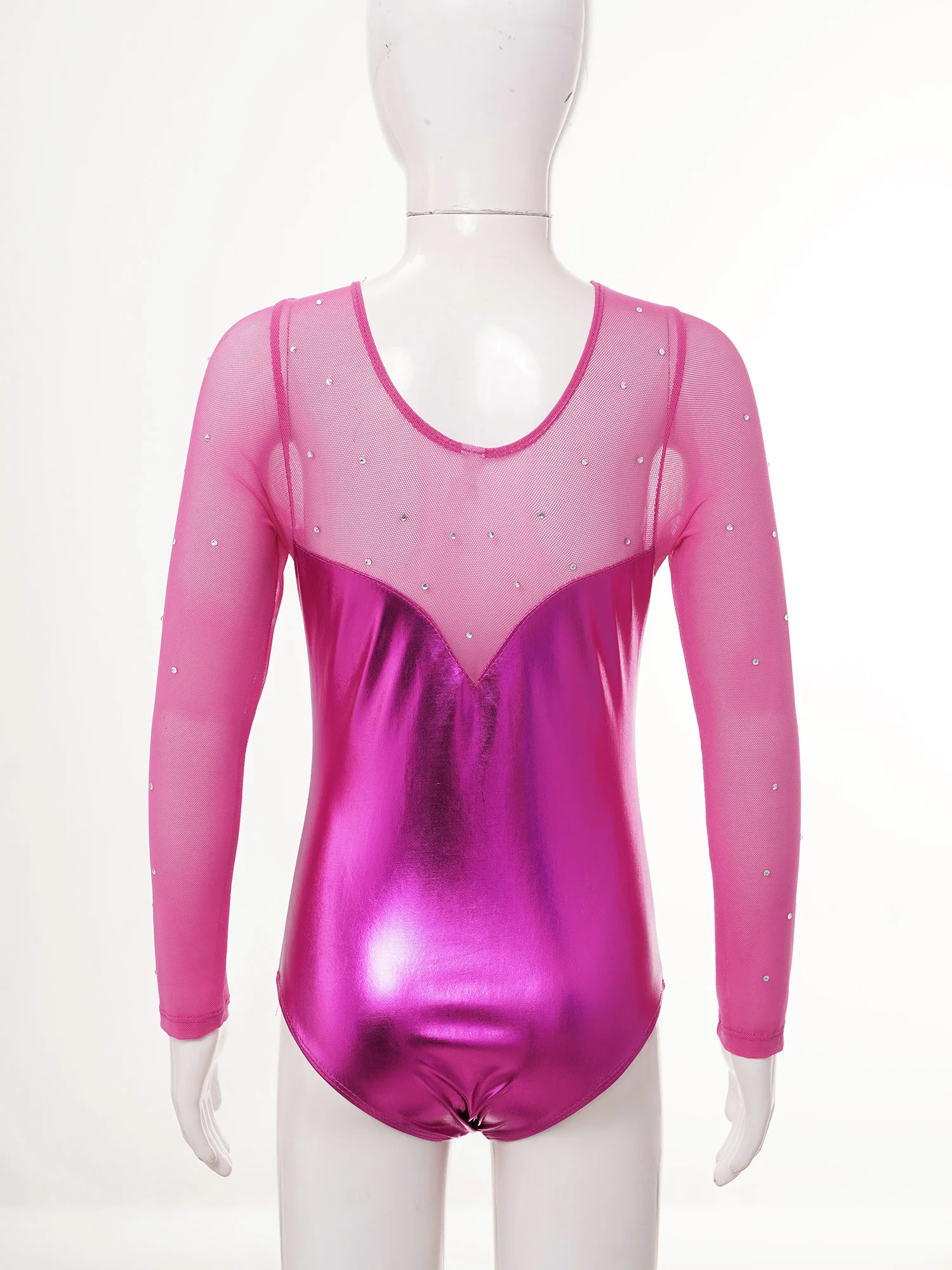 Girl Long Sleeve Shiny Rhinestone Gymnastic Bodysuit Ballet Dance Leotard Figure Skating Acrobatics Jumpsuit Sheer Mesh Bodysuit