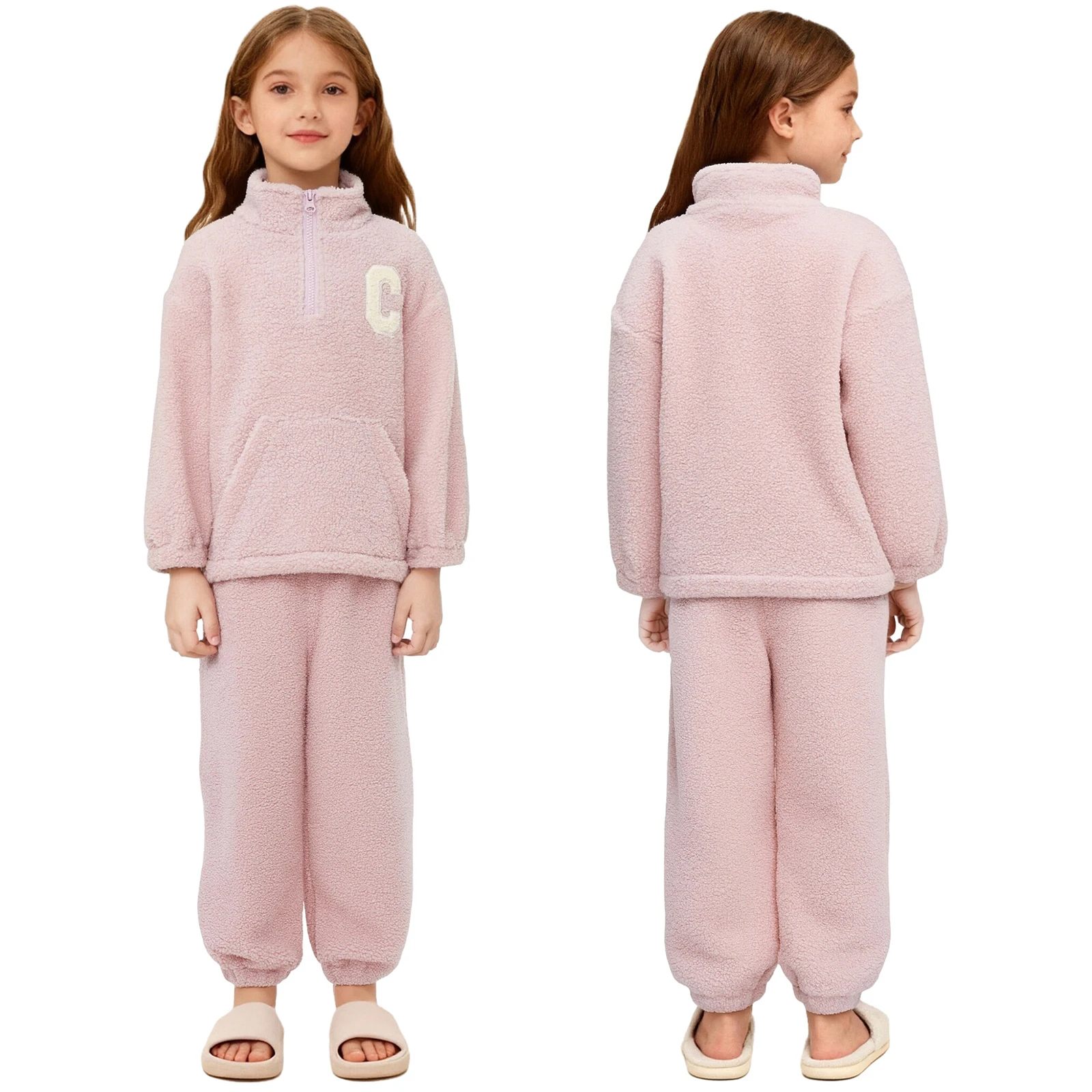 Pakaian Kasual Fleece Hangat Anak Perempuan Musim Gugur Musim Dingin Kostum Lari Rumah & Luar Ruangan Baju Lengan Panjang+Celana 2-7 Tahun