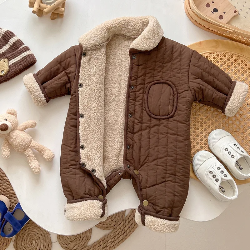 Baby Fall Winter Quilted Jumpsuit Korean Versatile Sherpa Collar Thick Romper Boys Girls Baby Outing Crawler Trendy