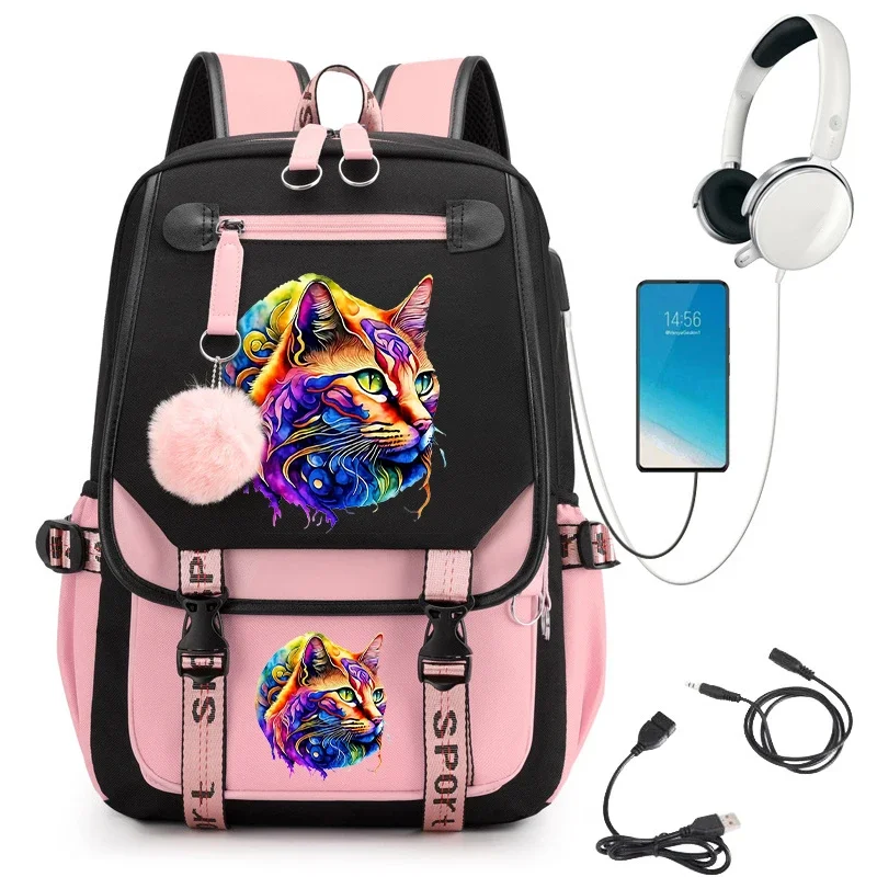 

Fashion Print Girls School Backpack Bag Watercolor Cat School Bags Student Teens Bookbag Laptop Teenager Backpack Usb Mochila