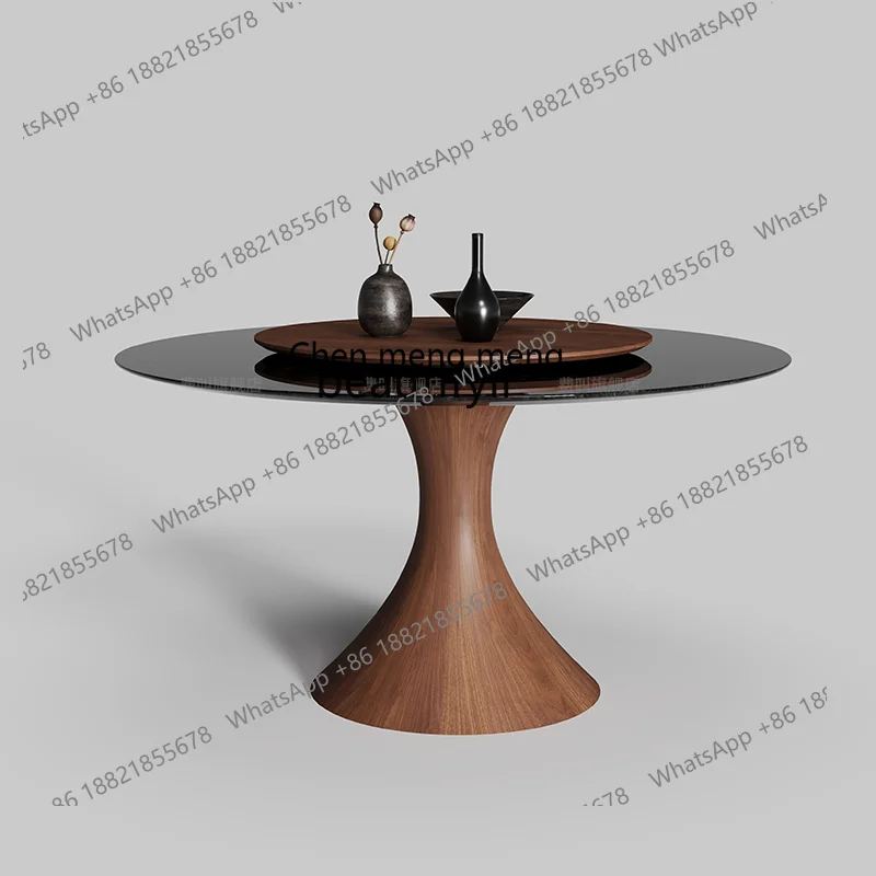Italian Minimalist Solid Wood Dining Table with Turntable Home Antique Style Black Natural Marble Round Table