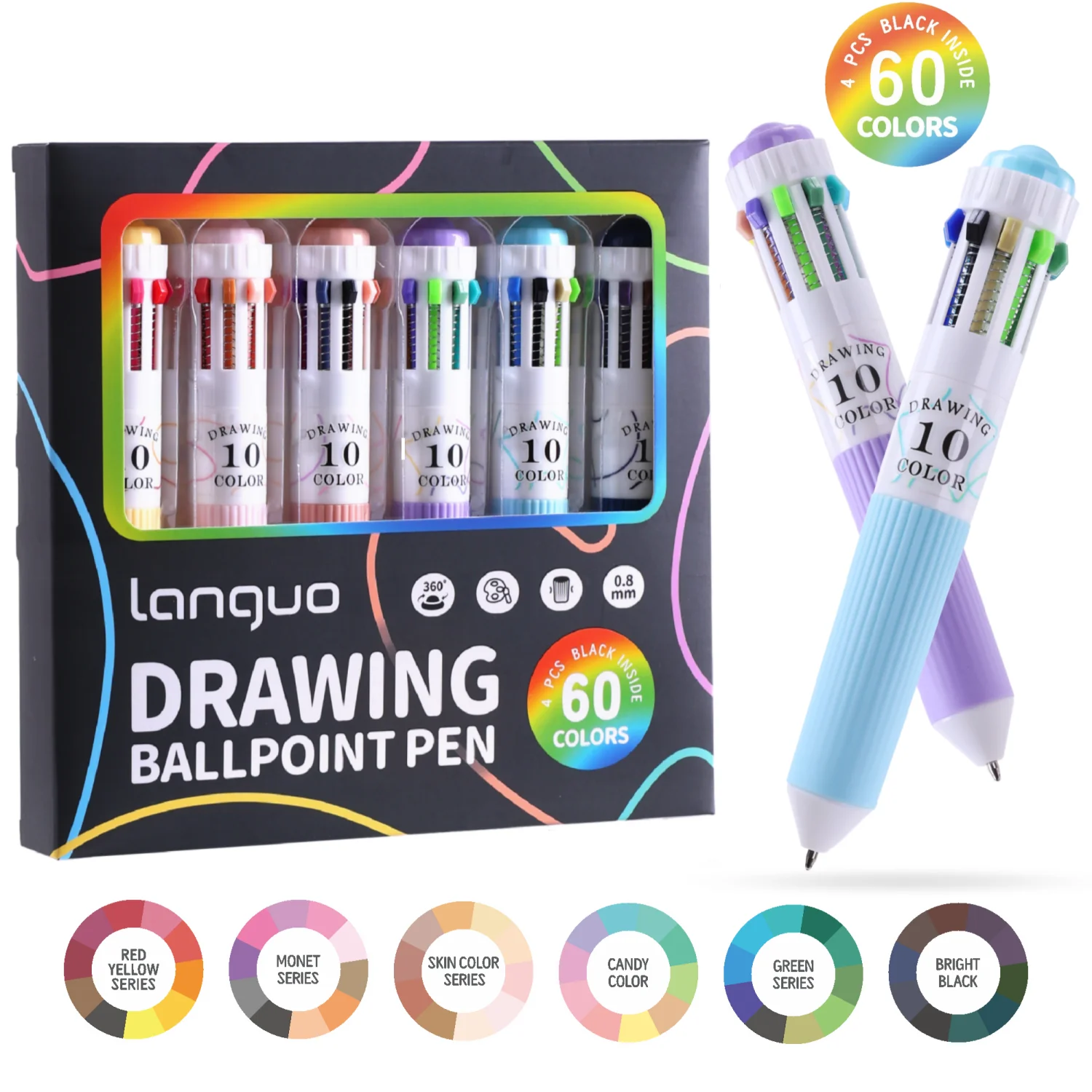 Languo 28/30//60 Colors Multicolor Pens,10-in-1 Colored Ballpoint Pen,0.8mm Fine Point Smooth Writing,Retractable Gel Pens