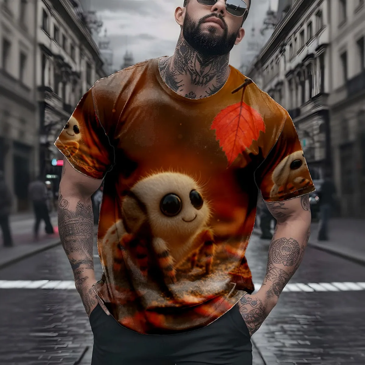 Un pequeño blanco sentado en la parte superior de una pila de hojas junto a una hoja roja Nueva llegada Moda Hombre Manga corta por todas partes