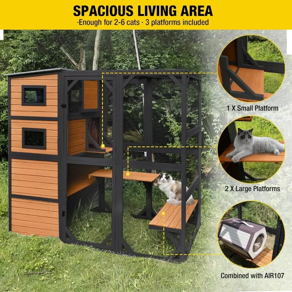 4 Tiers Cat Enclosures House for Outdoor Indoor Cats with Weatherproof Roof, 3 Resting Rooms, 3 Platforms, 5 Windows