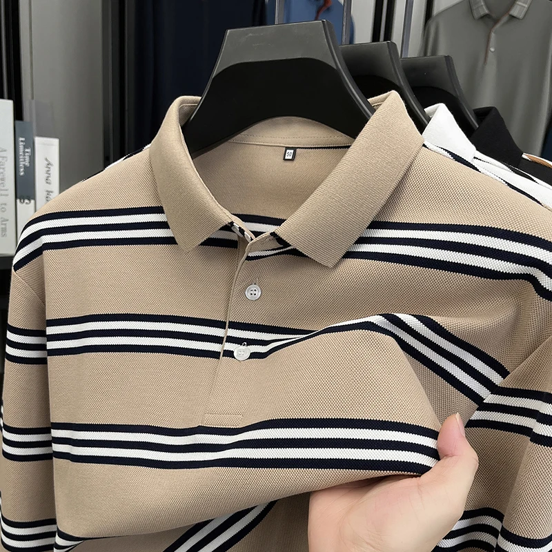 Light luxury striped color blocked long sleeve polo shirt fashion high-end spring autumn soft comfort T-shirt casual men's wear