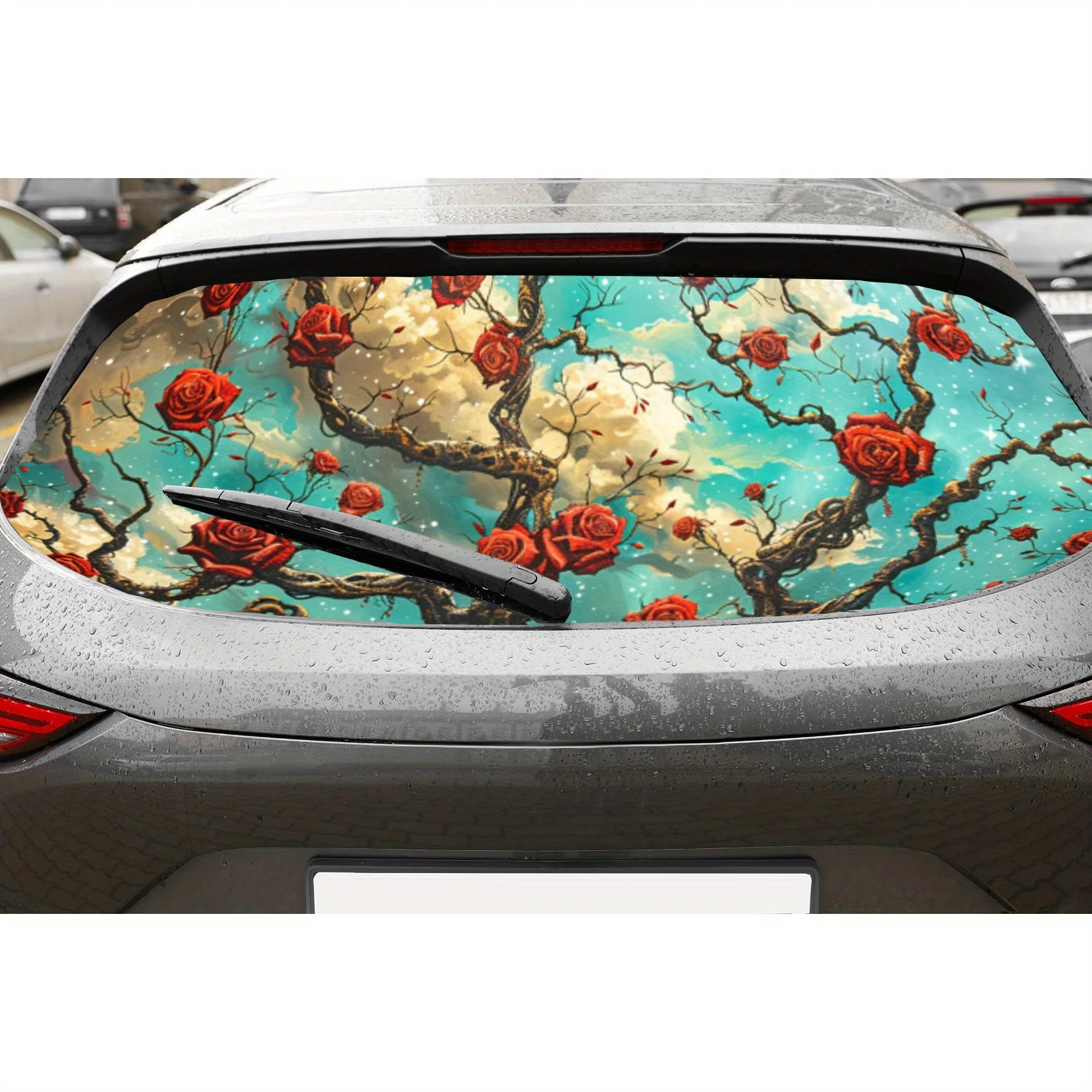 

Withered trees, red roses, and skeletons Blue green starry sky background PVC Perforated Car Vinyl Wraps, Privacy Enhancing Desi