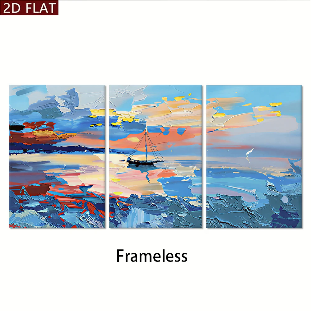 1 set of modern abstract sea view oil paintings, triptych, living room, bedroom, foyer, frameless decorative painting, 2D plan