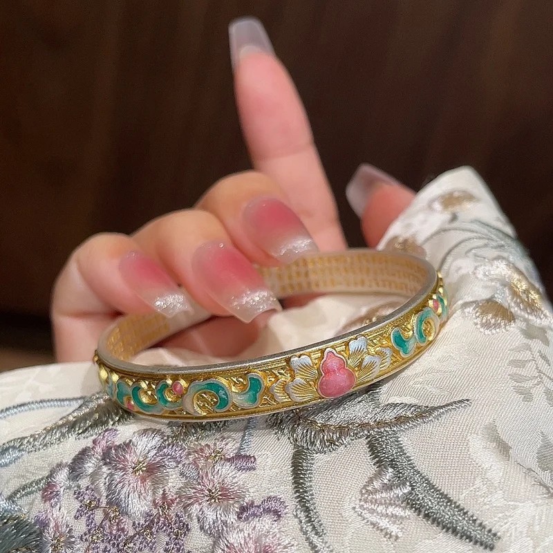 Silver 999.9 Gold-Plated Gourd Fortune Enamel Heart Sutra Open Bottom Solid Bracelet