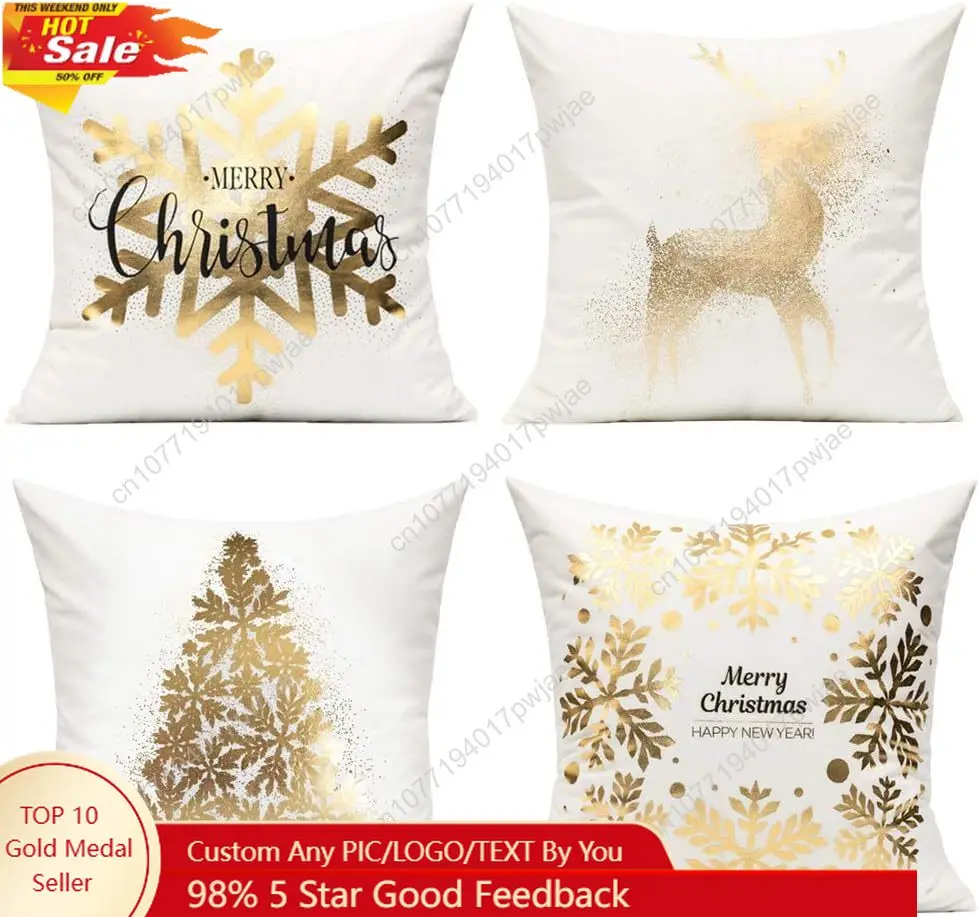

All Smiles White Gold Christmas Decorations Throw Pillow Covers 18X18 Set of 4 Winter Xmas Navidad Home Holiday Décor Velvet Cus