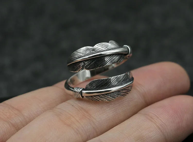 925 Sterling Silver Feather Ring Handmade Net Red Street Shoot Jewelry Men and Women Open Vintage Ring Index Finger