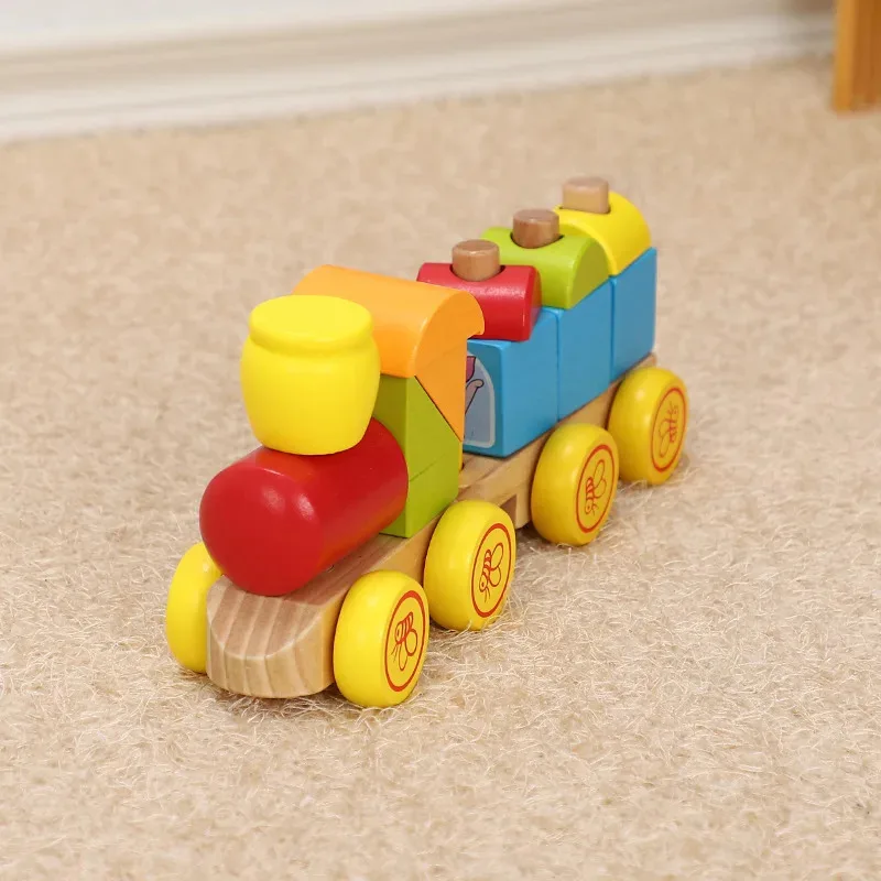 Topmaya bloco de construção de madeira trem push-pull dos desenhos animados animal forma educacional das crianças bloco de construção conjunto coluna brinquedo b157