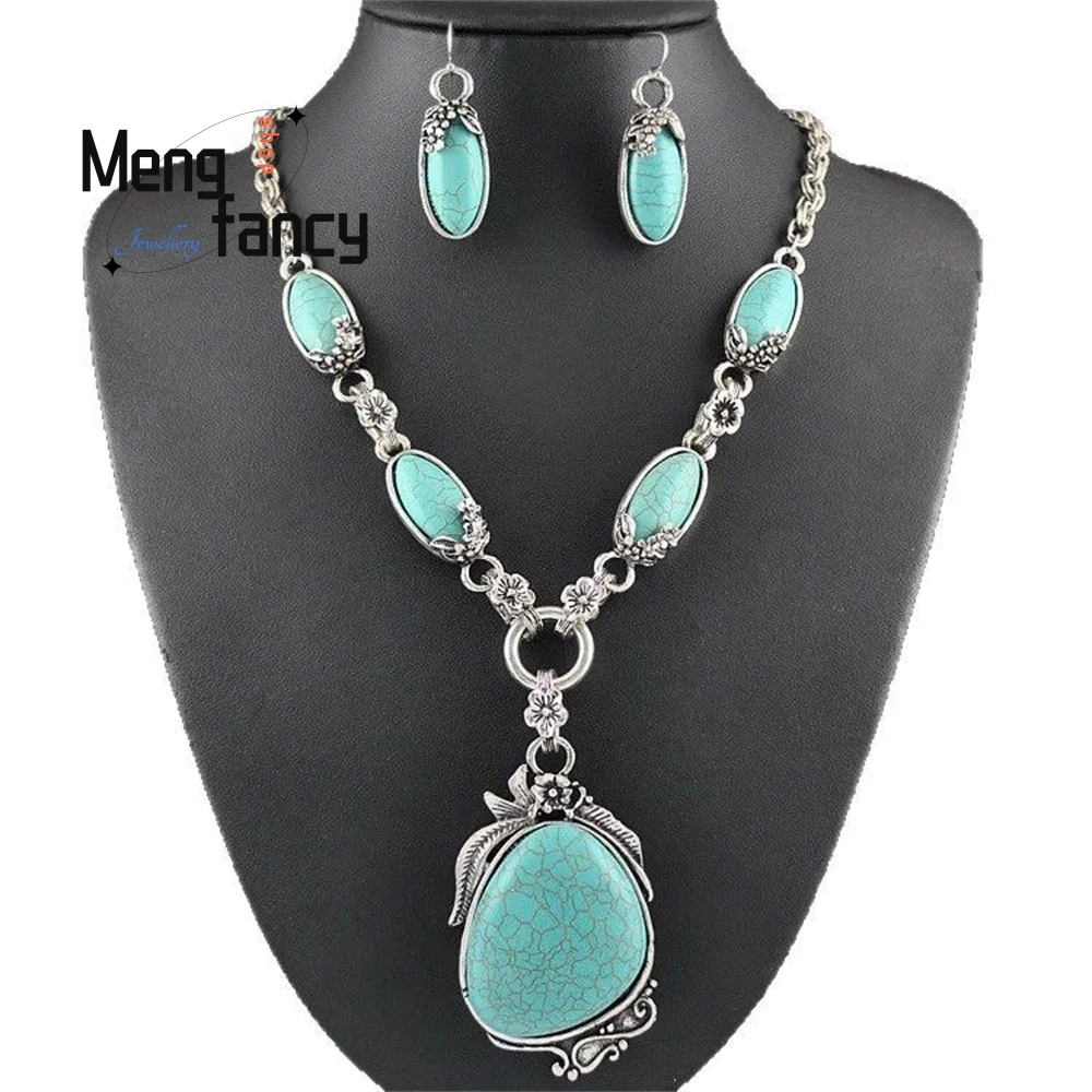 

Bohemian-Style Turquoise Necklace Earrings Set Fashion Jewelry Best Selling Handicraft Natural Stone Pendant Elegant Exquisite