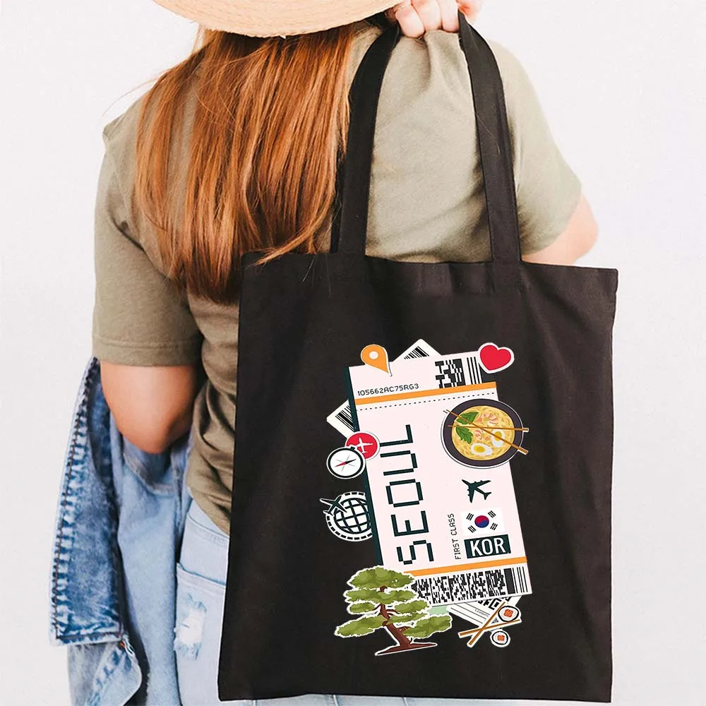 Seoul Jakarta Bangkok Los Angeles Dublin Francisco Algiers Ticket Boarding Pass Womens Canvas Shoulder Tote Bag Shopping Handbag