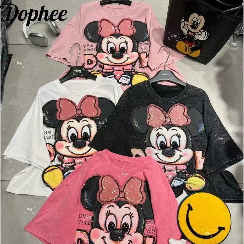

Fashion New Spring Summer Loose Women T-shirt Oversize O-neck Pullover Top All-match Sequins Mickey Embroidery Students Tees