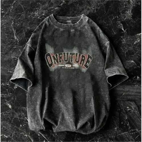 Camiseta americana de manga corta para hombre, camisa holgada informal de estilo hip-hop retro lavada de manga corta de calle alta a la moda de verano