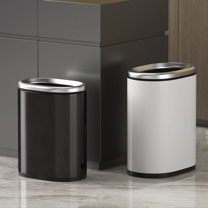 9L/2.4Gal Stainless steel oval trash can with ring, Light luxury metal narrow trash bin for bathroomm,bedroom,office,hotel