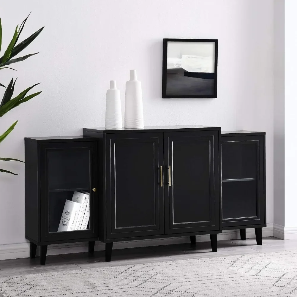 TV cabinet, 4-door layered modern side panel self-service storage table, 62, black, TV stand storage cabinet