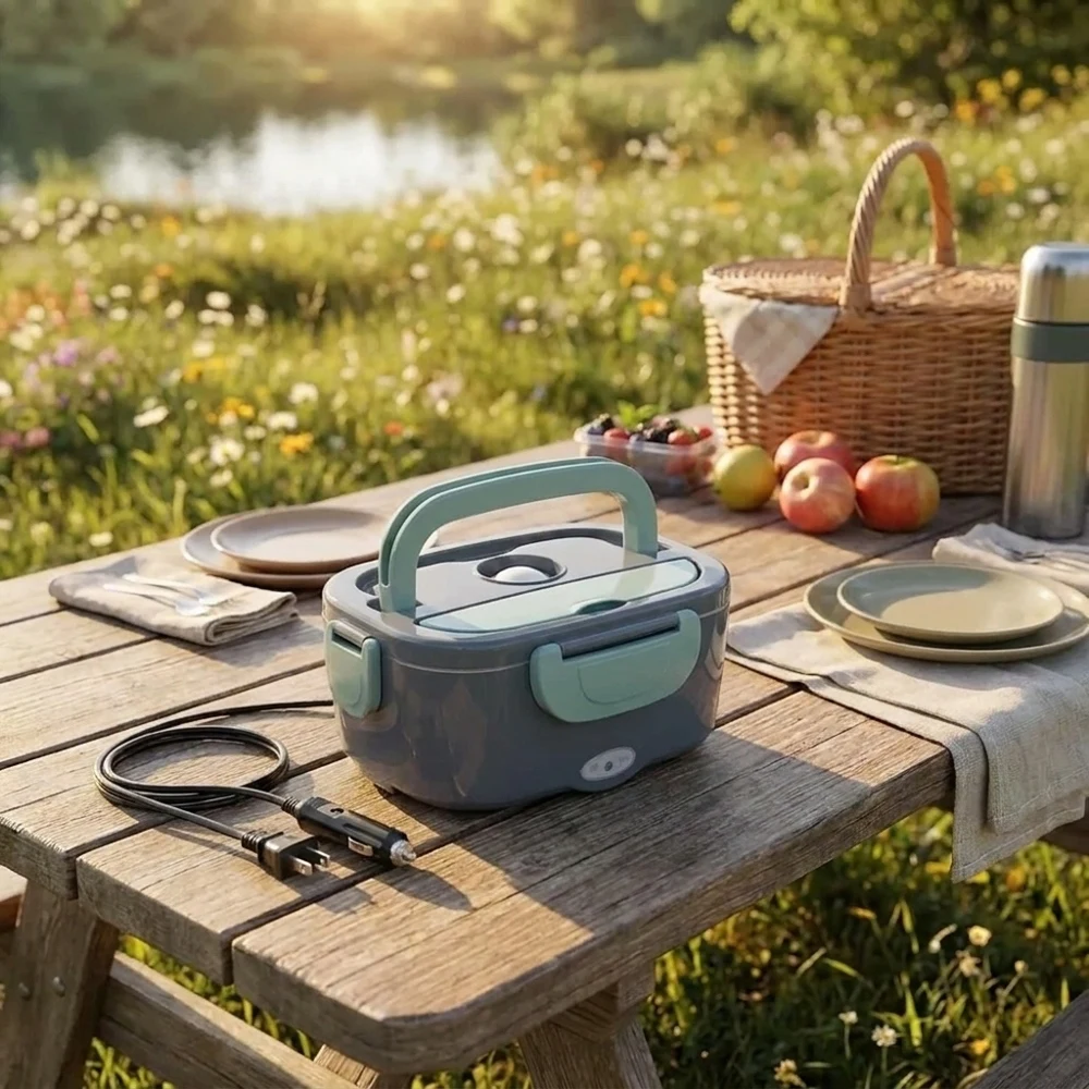 

1.5L 60W Electric Heated Lunch Box Portable Leakproof Food Warmer Dual Use For Car Home Truck Office With Insulated Carry Bag Fa