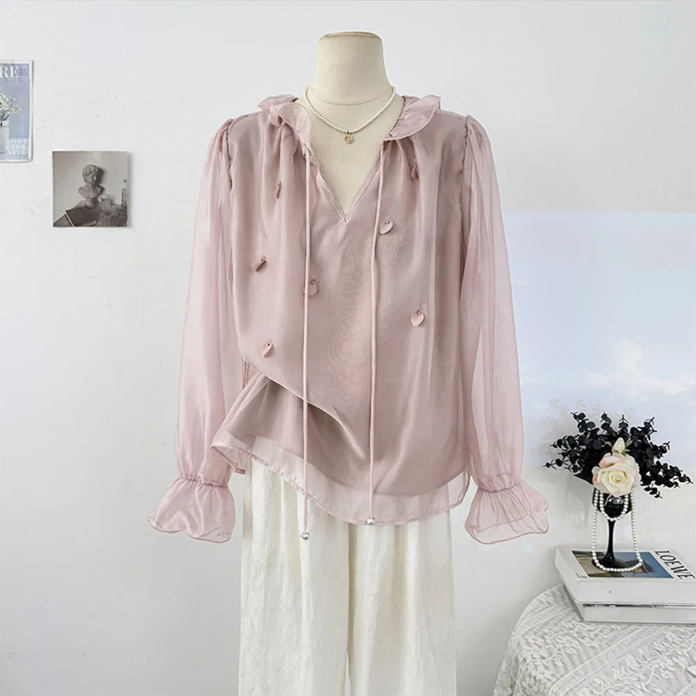 

Новый женский пуловер с рюшами и V-образным вырезом в французском стиле, с длинными рукавами, весенний повседневный топ