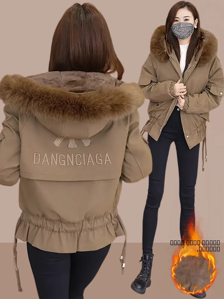 

Женская утепленная хлопковая куртка с флисовой подкладкой, короткая зимняя куртка в корейском стиле, свободного кроя, с карманами, капюшоном и застежкой-молнией