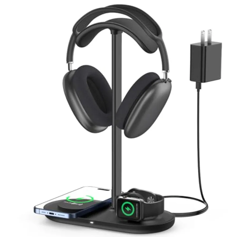 Headphone Stand 2-in-1 Wireless Charger for iPhone/Apple Watch Aluminum Alloy Rod Minimalist Desk Organizer