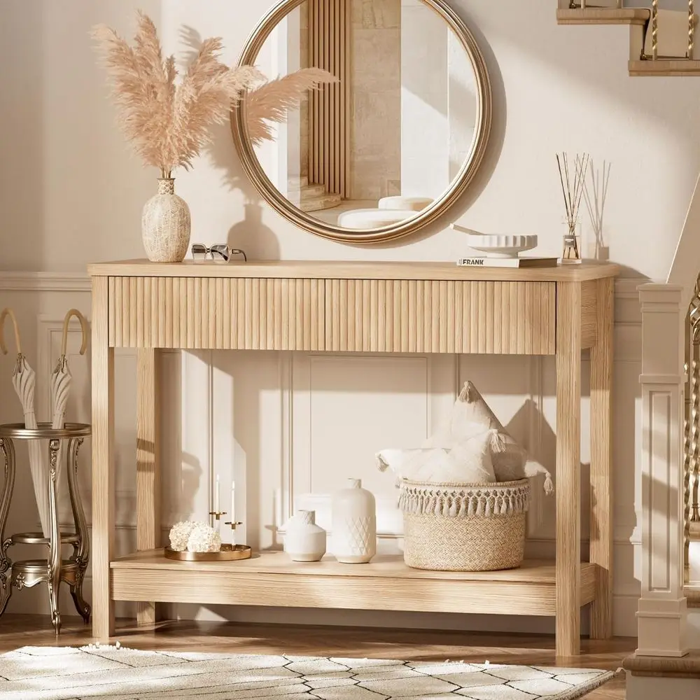 

40 Light Oak Entryway Table with Storage and Drawers for Narrow Spaces