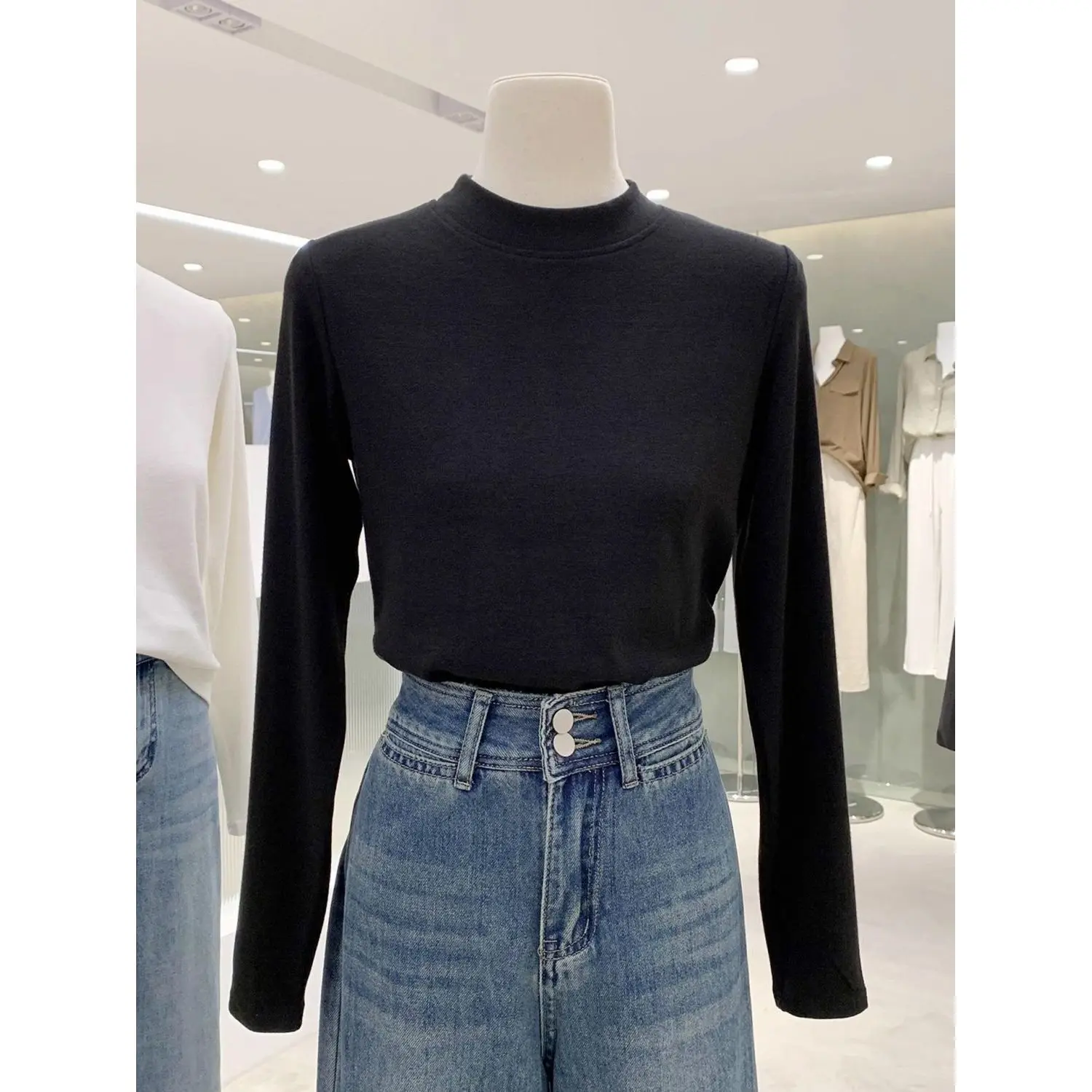 Women's Double-Sided Velvet Thickened Long Sleeve Half-High Collar Base Shirt Inner Wear T-Shirt Korean Style Commute Fashion